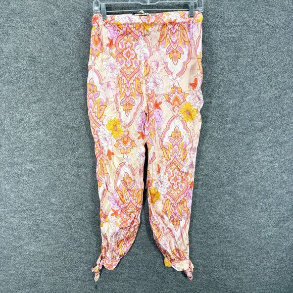 Zara Pants Women M Medium Beige Floral High Rise Chino Drawstring Flat Front - Picture 2 of 7